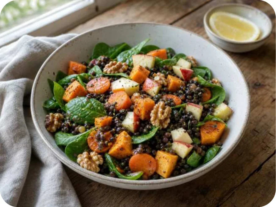 Belugalinsen-Bowl mit Ofengemüse und Walnüssen