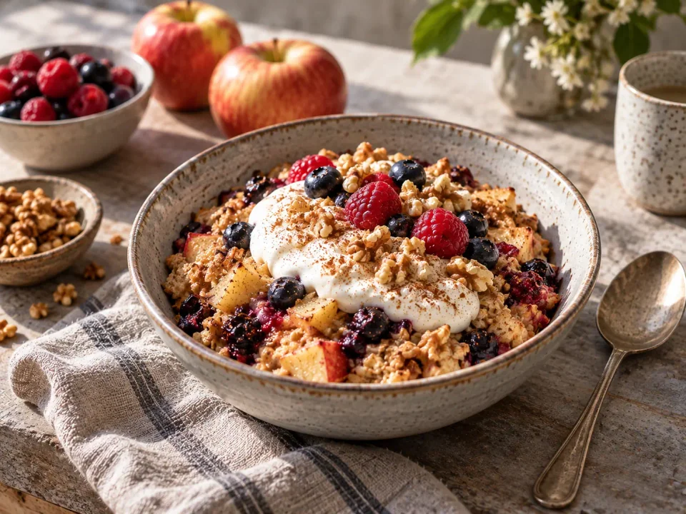 Apfel-Zimt-Ofenporridge mit Beeren und Joghurt