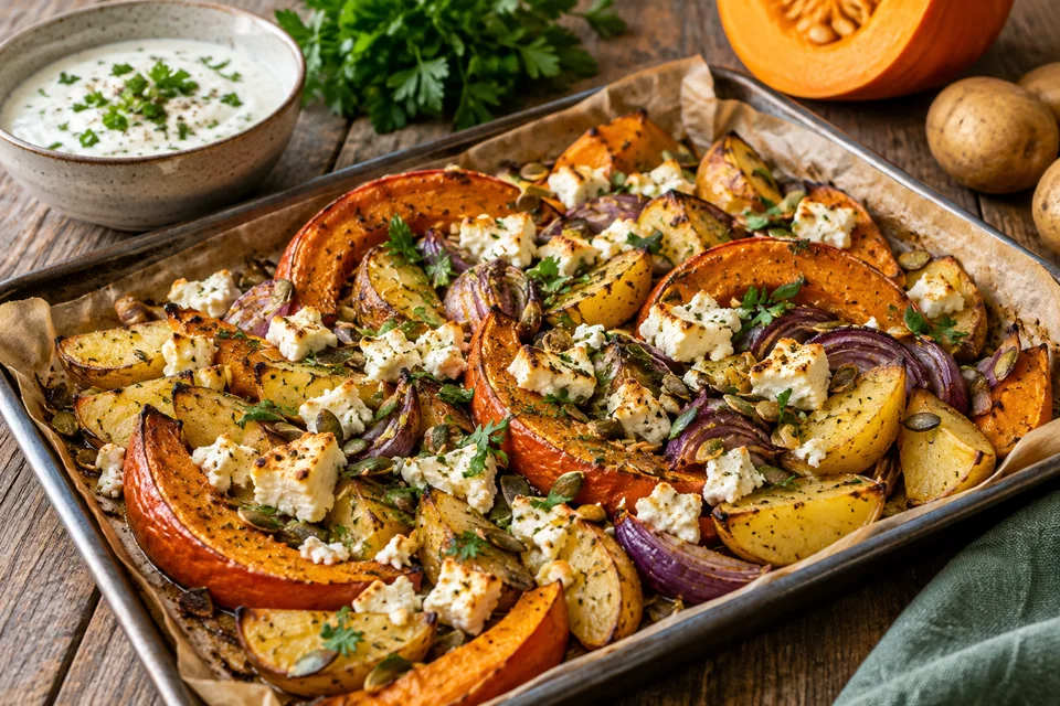 Ofenkürbis mit Feta und Kartoffeln