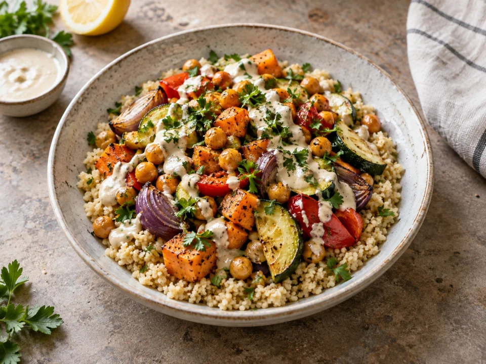 Ofengemüse mit Kichererbsen, Bulgur und Zitronen-Tahini