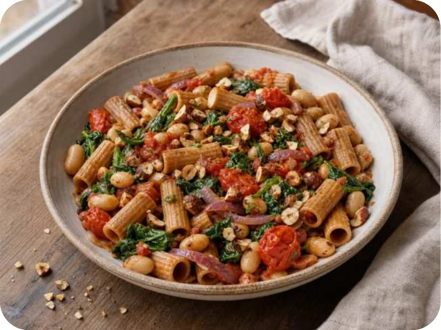 Grobe Bohnen-Pasta mit Tomaten, Spinat und Haselnüssen
