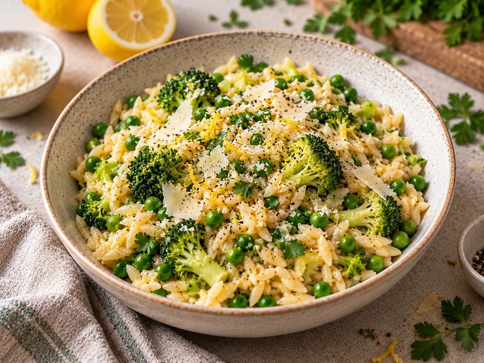 Zitronen-Orzo-Pfanne mit Brokkoli, Erbsen und Parmesan