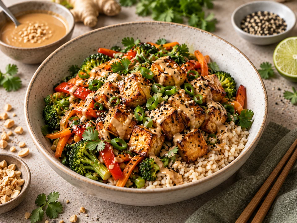 Knuspriger Tofu mit Sesamgemüse, Naturreis und Erdnusssauce