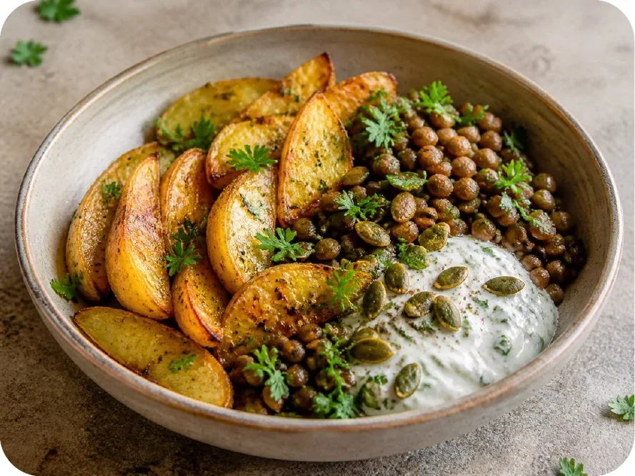 Kartoffel-Linsen-Bowl mit Kräuterjoghurt