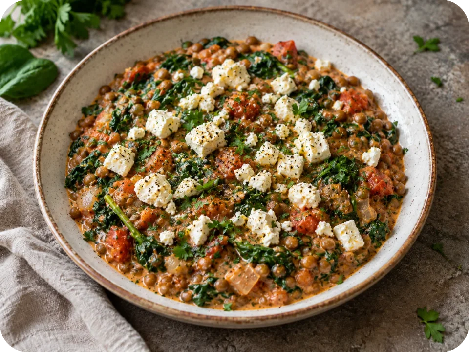 Cremige Linsen-Spinat-Pfanne mit Feta