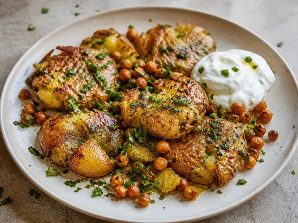 Knusprige Quetschkartoffeln mit Kräutern und Kichererbsen