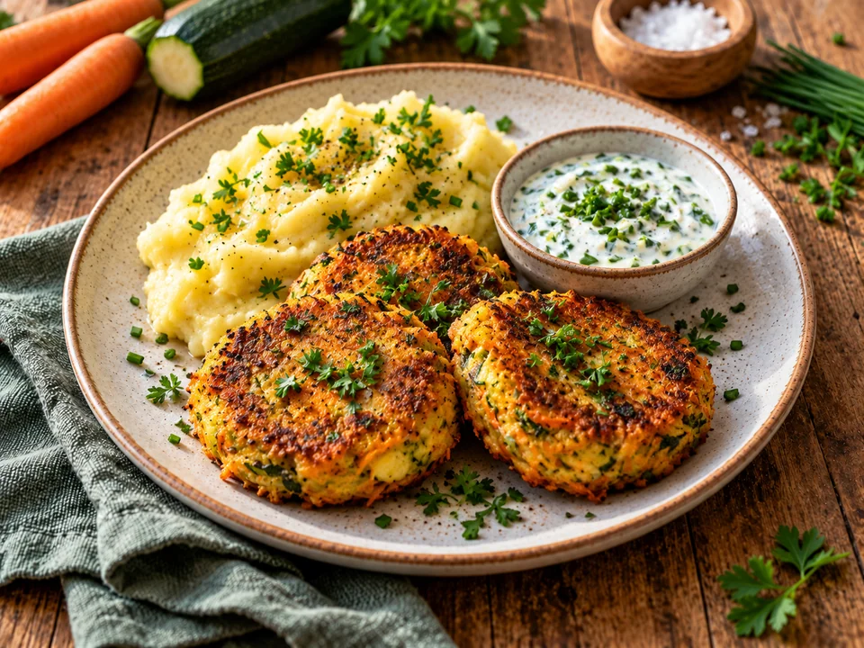 Gemüsefrikadellen mit Kartoffelpüree und Schnittlauch-Dip