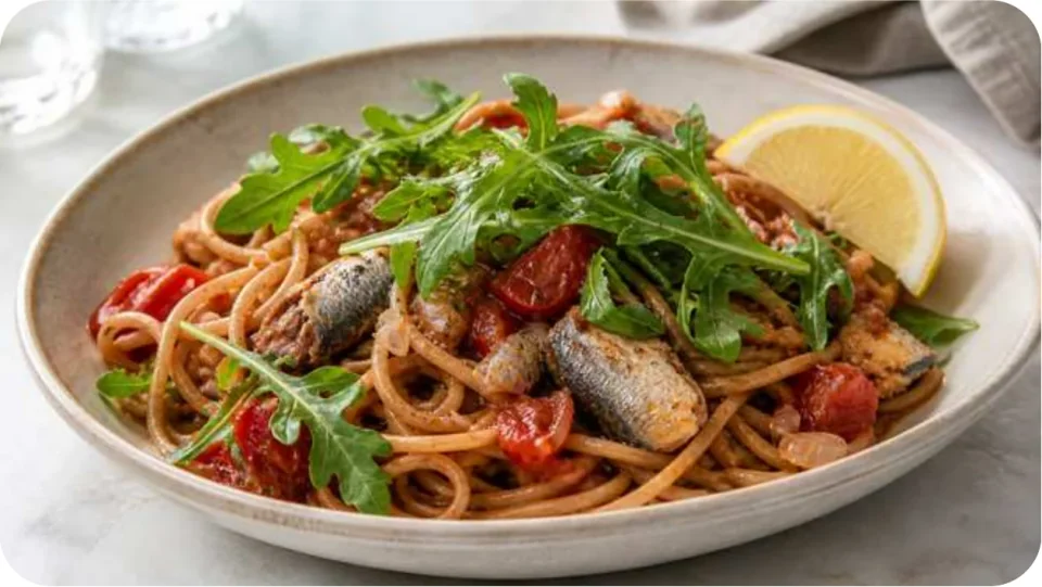 Pasta mit Sardinen, Tomaten & Rucola
