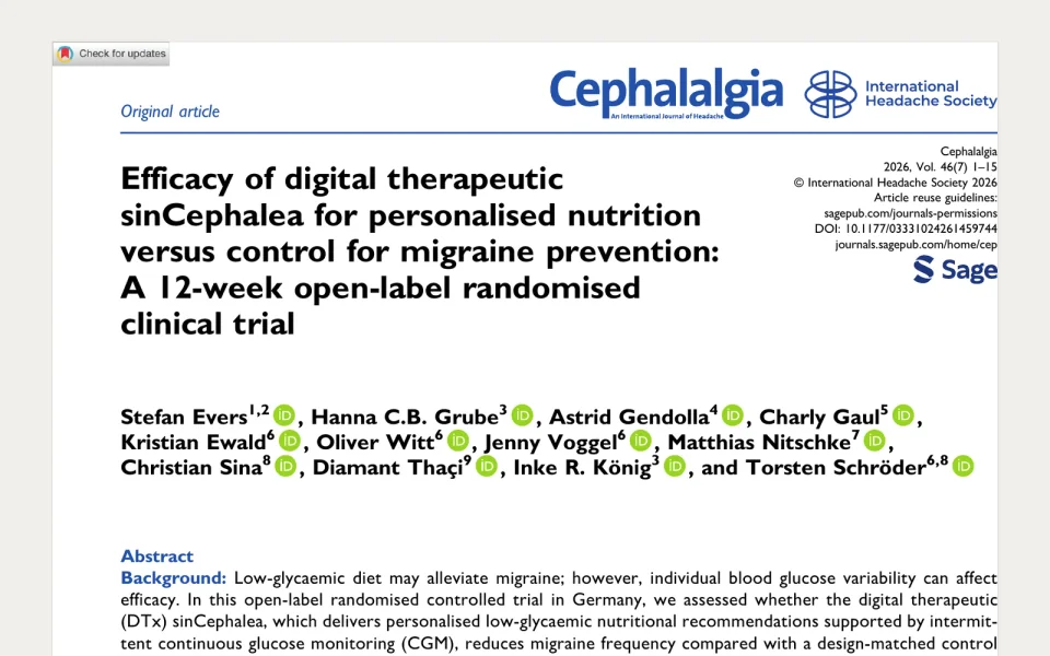Efficacy of digital therapeutic sinCephalea for personalised nutrition versus control for migraine prevention: A 12-week open-label randomised clinical trial