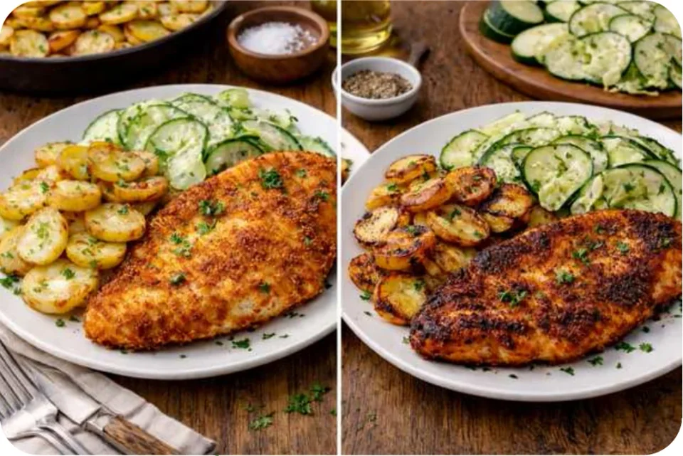 Schnitzel mit Bratkartoffeln und Gurkensalat