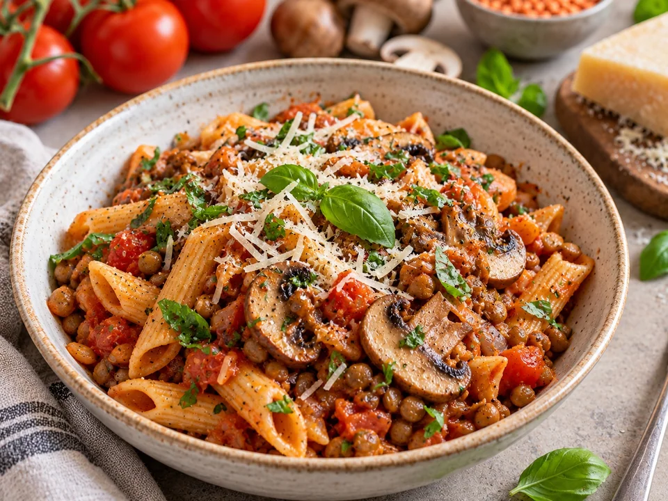 Tomaten-Linsen-Pasta mit Pilzen und Parmesan