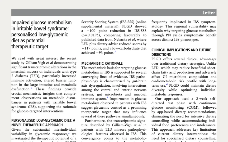 Impaired glucose metabolism in irritable bowel syndrome: personalised low-glycaemic diet as potential therapeutic target