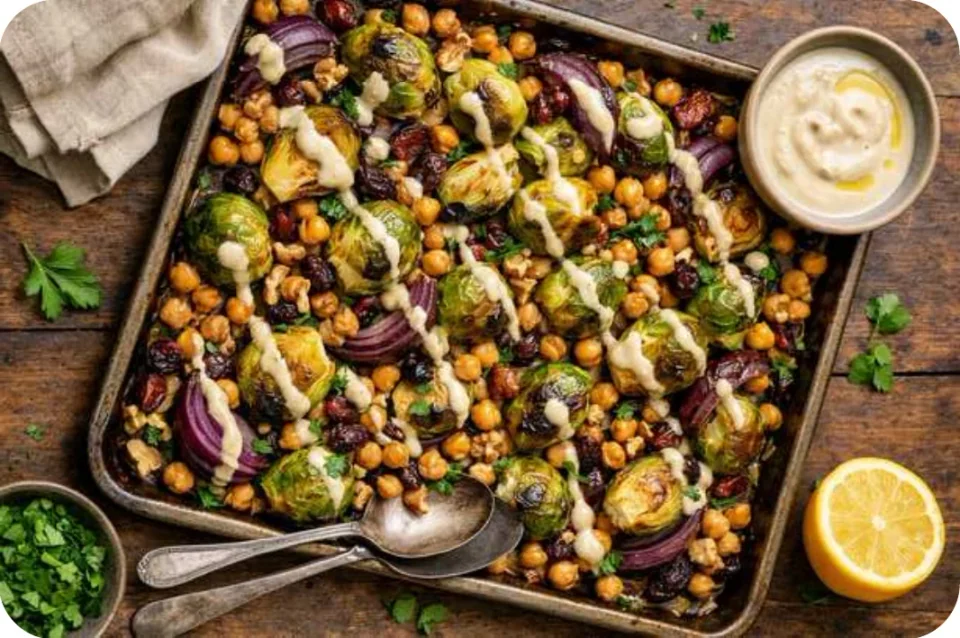 Rosenkohl-Kichererbsen-Blech mit Tahini-Sauce