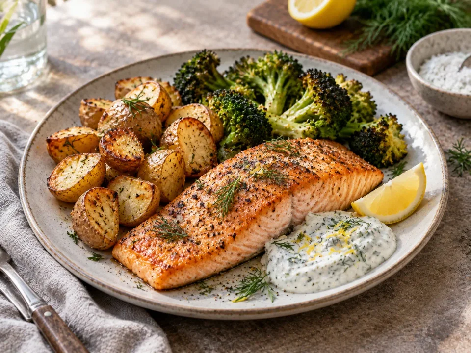 Lachs mit Ofenkartoffeln, Brokkoli und Zitronen-Joghurt