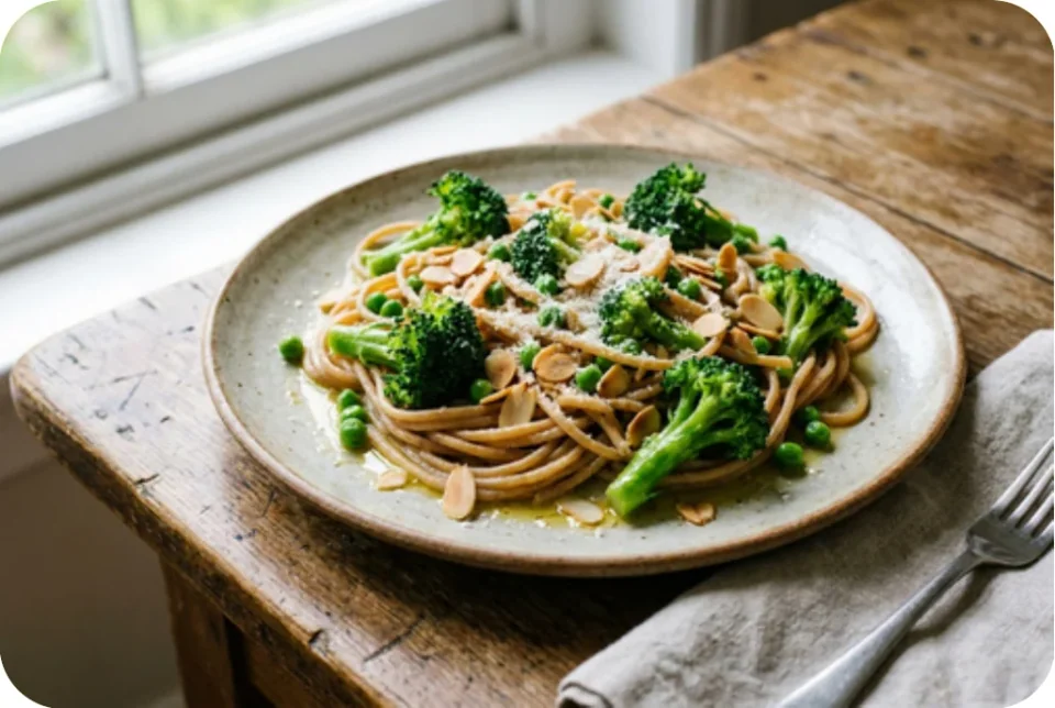 Vollkorn-Pasta mit Brokkoli, Erbsen und Mandeln
