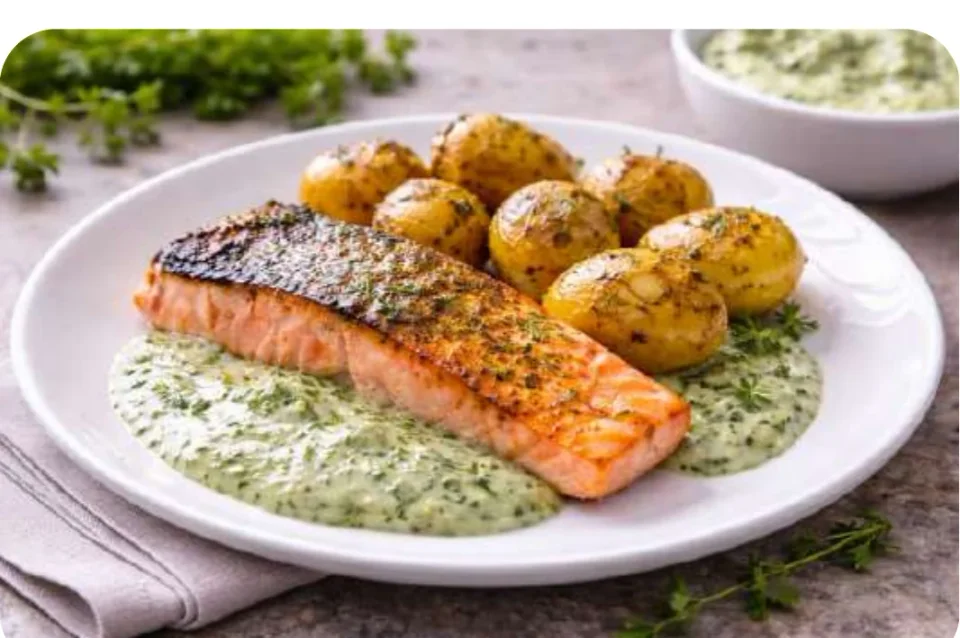 Lachs mit Grüner Soße und Ofenkartoffeln
