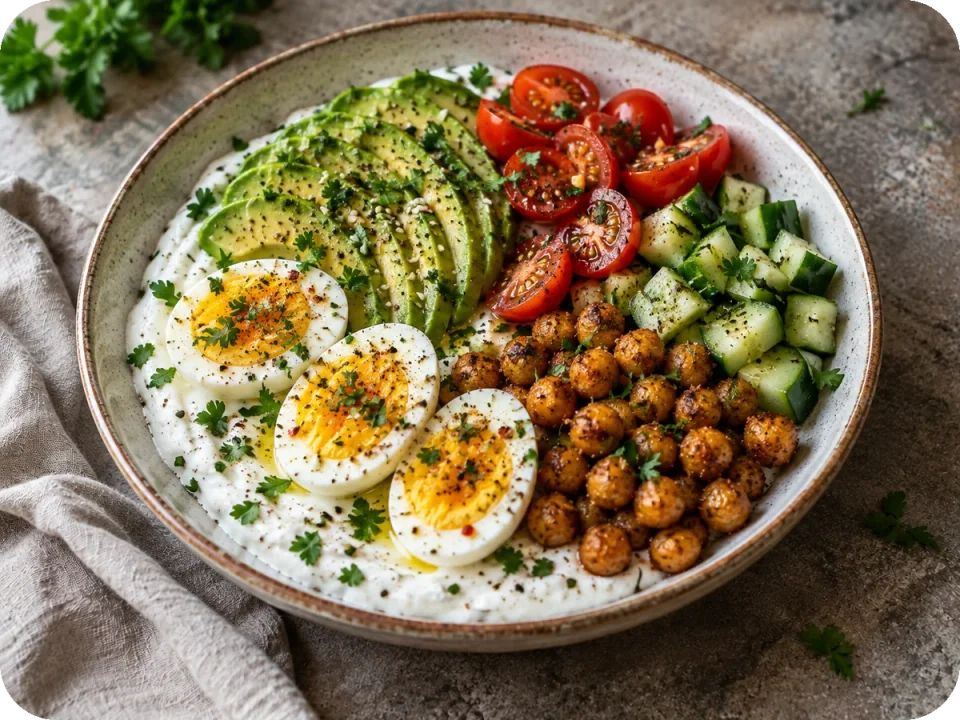 Skyr-Ei-Bowl mit Avocado und knusprigen Kichererbsen