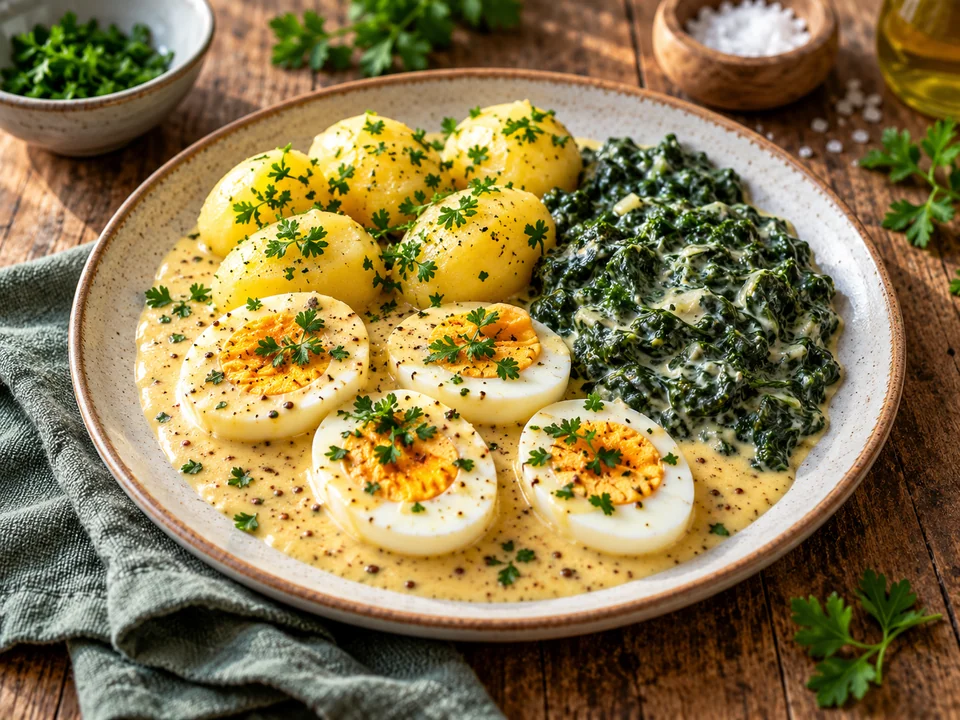 Senfeier mit Salzkartoffeln und Rahmspinat