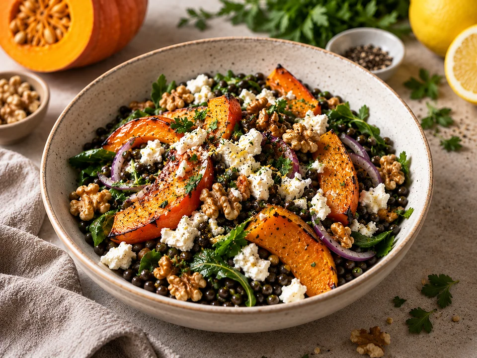 Ofenkürbis mit Feta, Beluga-Linsen und Walnüssen