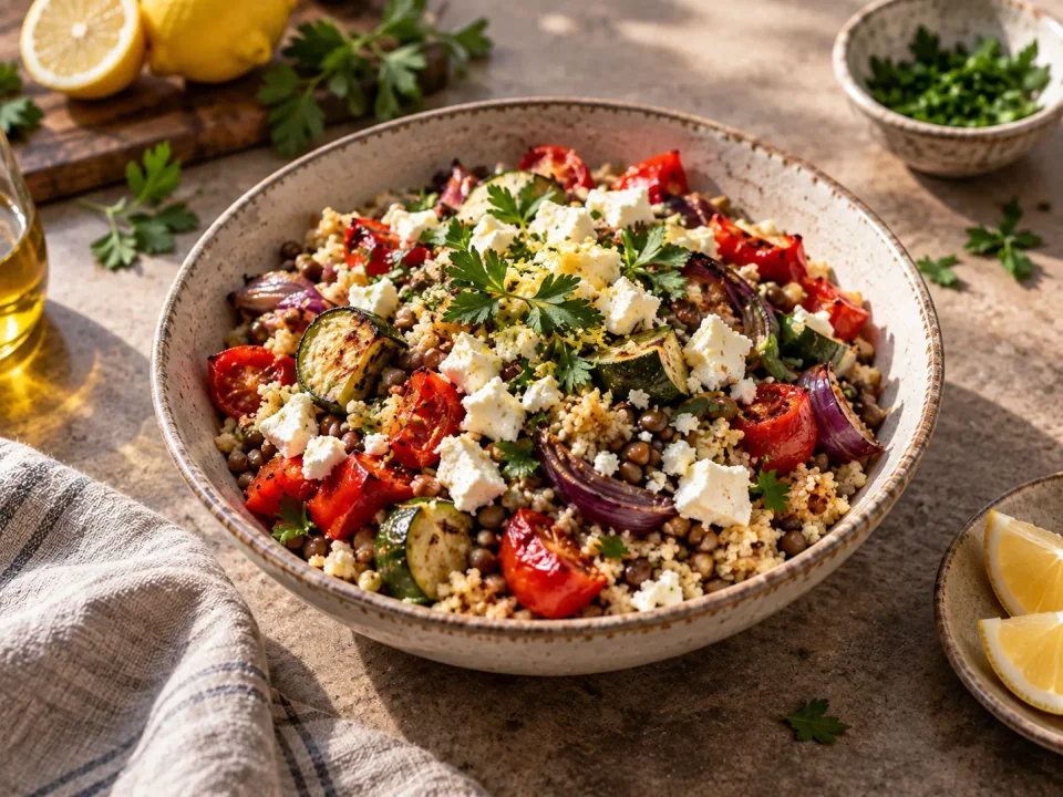 Mediterrane Linsen-Couscous-Bowl mit Ofengemüse und Feta