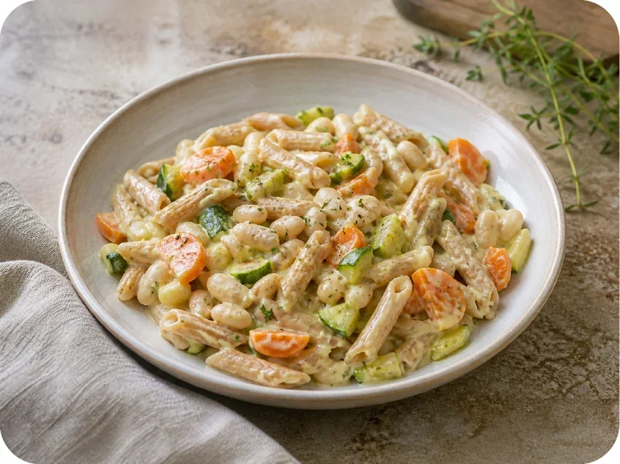 Weiche Vollkornpasta mit Bohnen-Gemüse-Sauce