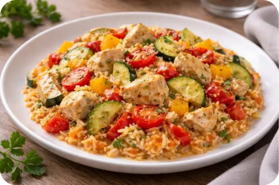 Reispfanne mit Hähnchen und Tomaten