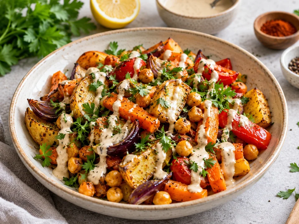 Ofengemüse mit Kichererbsen und Zitronen-Tahini