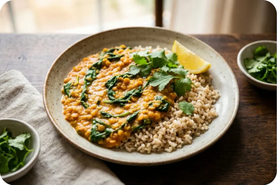 Rotes Linsen-Dal mit Spinat und Vollkornreis
